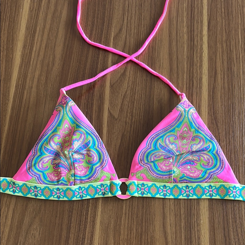 EUC Vibrant Pink, Yellow & Blue Pattern Halter Bikini Top 🧜‍♀️